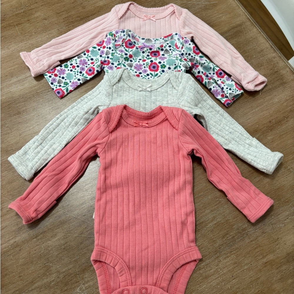Preemie Floral and Solid Long Sleeve Baby Bodysuit Set